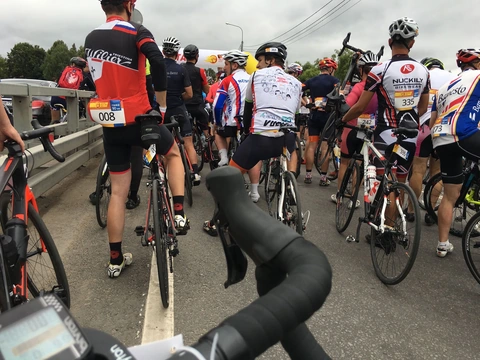 Cyclists gathered at the start of a race